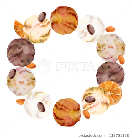 Vanilla creme brulee truffle chocolate gelato ice cream scoops. Orange slices, coated bonbons. Isolated wreath frame hand drawn in watercolor. Tasting set label, patisserie art, fine food journal. 132701128