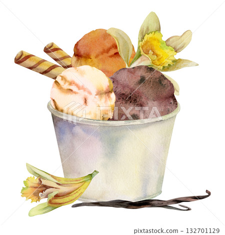 Vanilla ice cream gelato scoop in kraft paper cup with orchid flowers, seed pods, waffle rolls. Isolated illustration hand drawn in watercolor. Dessert packaging, sticker sheet, artisan product label. 132701129