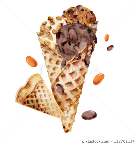 Creme brulee vanilla chocolate gelato, shiny candy dragees, crashed nuts, syrup drizzle toppings in waffle cone. Isolated illustration hand drawn in watercolor. Confectionery art, sweet product tag 132701134