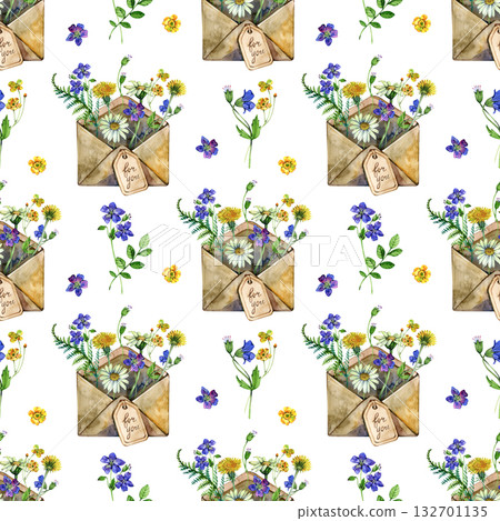 Seamless watercolor pattern with wildflowers in vintage envelopes, floral letter with tag for you , botanical cottagecore design, hand-painted repeating background for wrapping paper and greeting 132701135