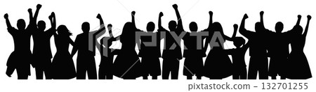 silhouette of a group of people, celebrating victory, happy. vector illustration 132701255