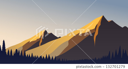 simple design background of sunny mountains in the morning with silhouettes of trees 132701279