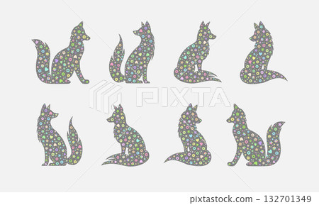 Silhouette of foxes with grey color, filled with colorful floral design against a white background, used for wallpaper, background, and other decorative purposes. 132701349