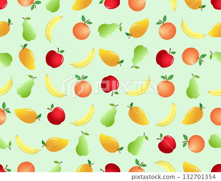 Mix colorful fruits of orange, apple, pear, mango and banana on light green background, seamless pattern doodle design. Mix colorful fruits of orange, apple, pear, mango and banana on light green background, seamless pattern doodle design. 132701354