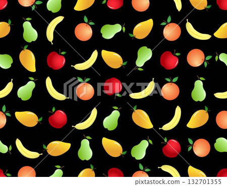 Mix colorful fruits of orange, apple, pear, mango and banana on black background, seamless pattern doodle design. Mix colorful fruits of orange, apple, pear, mango and banana on black background, seamless pattern doodle design. 132701355