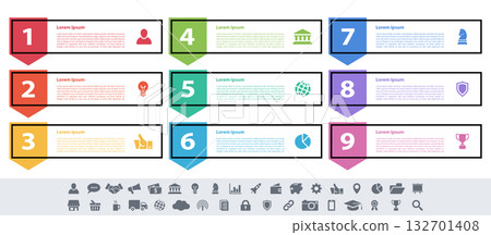 Infographic design business concept vector illustration with 9 steps or options or processes represent work flow or diagram or web button banner 132701408