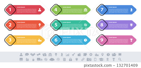 Infographic design business concept vector illustration with 9 steps or options or processes represent work flow or diagram or web button banner 132701409