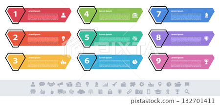 Infographic design business concept vector illustration with 9 steps or options or processes represent work flow or diagram or web button banner Infographic design business concept vector illustration with 9 steps or options or processes represent work flow or diagram or web button banner 132701411