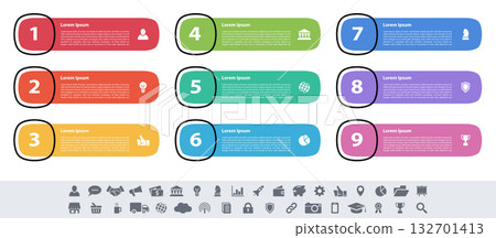 Infographic design business concept vector illustration with 9 steps or options or processes represent work flow or diagram or web button banner Infographic design business concept vector illustration with 9 steps or options or processes represent work flow or diagram or web button banner 132701413