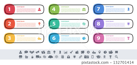 Infographic design business concept vector illustration with 9 steps or options or processes represent work flow or diagram or web button banner 132701414