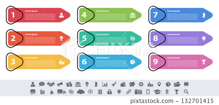 Infographic design business concept vector illustration with 9 steps or options or processes represent work flow or diagram or web button banner 132701415