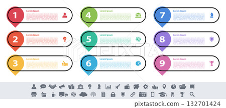Infographic design business concept vector illustration with 9 steps or options or processes represent work flow or diagram or web button banner 132701424