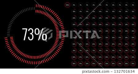 Set of circle percentage progress bar diagrams meters from 0 to 100 ready-to-use for web design, user interface UI or infographic - indicator with red 132701634