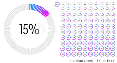 Set of circle percentage progress bar diagrams meters from 0 to 100 ready-to-use for web design, user interface UI or infographic - indicator with gradient from cyan blue to magenta hot pink 132701635