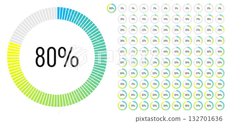 Set of circle percentage progress bar diagrams meters from 0 to 100 ready-to-use for web design, user interface UI or infographic - indicator with gradient from cyan blue to yellow 132701636