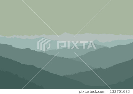 Image of a majestic mountain range landscape. Silhouette of mountains with a monotone gradient of greyish green color palette. Image of a majestic mountain range landscape. Silhouette of mountains with a monotone gradient of greyish green color palette. 132701683