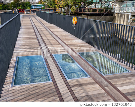 廢棄的晴海鐵路橋被改造成了一條步行長廊。透明的玻璃地板讓你可以看到橋上的枕木。 132701943