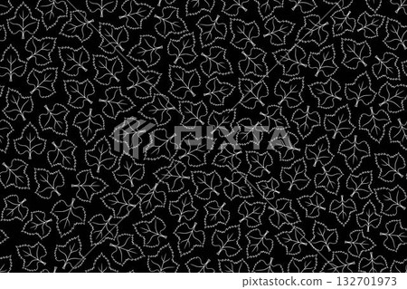 Abstract drawing of maple leaves white outline doodle seamless pattern, on black background. 132701973