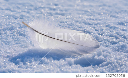 A close-up of a white down feather lying on sparkling snow. Winter scene. 132702056
