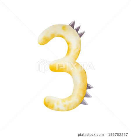 Cute dinosaur number three. Watercolor hand drawn prehistoric illustration for invitation card, nursery poster. Sketch on transparent background. Perfect for for nursery and baby shower, tropical 132702237