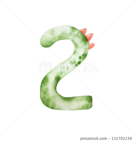 Cute dinosaur number two. Watercolor hand drawn prehistoric illustration for invitation card, nursery poster. Sketch on transparent background. Perfect for for nursery and baby shower, tropical design Cute dinosaur number two. Watercolor hand drawn prehistoric illustration for invitation card, nursery poster. Sketch on transparent background. Perfect for for nursery and baby shower, tropical design 132702239