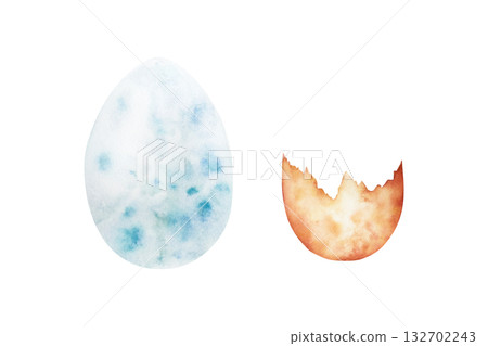 Dinosaur eggs. Watercolor hand drawn prehistoric Brachiosaurus animal. Isolated illustration on transparent background. Perfect for for nursery and baby shower, tropical design projects. For designers 132702243