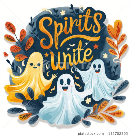 Cheerful ghosts with Spirits Unite text, surrounded by autumn leaves on a dark background. Concept of Halloween celebration and unity Cheerful ghosts with Spirits Unite text, surrounded by autumn leaves on a dark background. Concept of Halloween celebration and unity 132702293