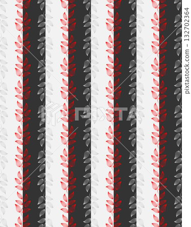 Seamless pattern of alternating vertical stripes of white and black, with stylized leaf designs in gray and red, can be used for background, textiles, wrapping paper and other decorative application. Seamless pattern of alternating vertical stripes of white and black, with stylized leaf designs in gray and red, can be used for background, textiles, wrapping paper and other decorative application. 132702364
