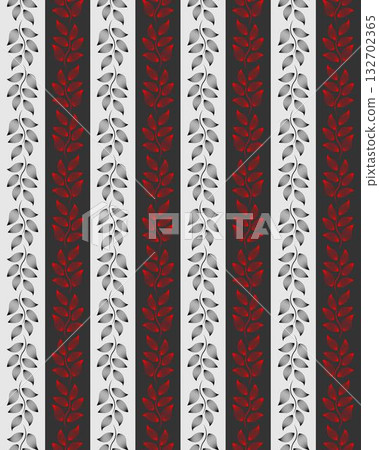 Seamless pattern of alternating vertical stripes of white and black, with stylized leaf designs in gray and red, can be used for background, textiles, wrapping paper and other decorative application. Seamless pattern of alternating vertical stripes of white and black, with stylized leaf designs in gray and red, can be used for background, textiles, wrapping paper and other decorative application. 132702365