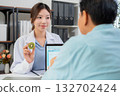 Asian nutritionist using tablet to explaining personalized meal plan with AI to patient. 132702424
