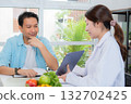 Asian nutritionist using tablet to explaining personalized meal plan with AI to patient. 132702425