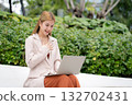 Young caucasian businesswoman excited sitting using laptop computer online meeting for remote work. 132702431