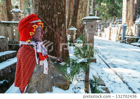 A view of the winter make-up Jizo statue on the approach to Koyasan Okunoin A view of the winter make-up Jizo statue on the approach to Koyasan Okunoin 132702436