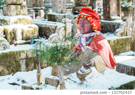 A view of the winter make-up Jizo statue on the approach to Koyasan Okunoin A view of the winter make-up Jizo statue on the approach to Koyasan Okunoin 132702437
