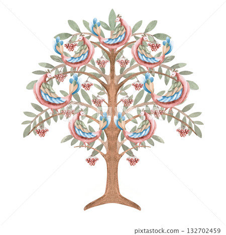 A stylized tree with fairytale birds on its branches and clusters of rowan berries. Isolated watercolor illustration for interior design, apparel, educational materials, and children's room decor. 132702459