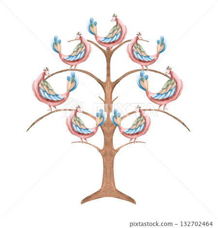 A stylized leafless tree with fairytale birds on its branches. Isolated watercolor illustration for interior design, apparel, educational materials, cards, fabrics, books, and children's room design. 132702464