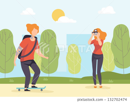 Woman Photographer with Camera Take Photo of Man Skateboarding Vector Illustration Woman Photographer with Camera Take Photo of Man Skateboarding Vector Illustration 132702474