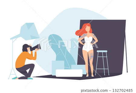 Man Photographer with Camera Take Photo of Woman in Studio Vector Illustration 132702485
