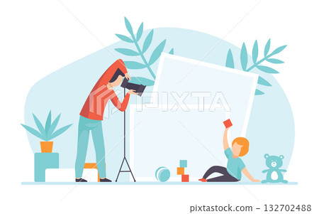 Man Photographer with Camera Take Photo of Little Kid Vector Illustration Man Photographer with Camera Take Photo of Little Kid Vector Illustration 132702488
