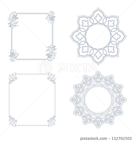 Set of decorative frames Elegant vector element for design in Eastern style, place for text. Floral gray and white borders. Lace illustration for invitations and greeting cards Set of decorative frames Elegant vector element for design in Eastern style, place for text. Floral gray and white borders. Lace illustration for invitations and greeting cards 132702503