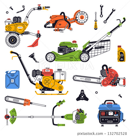 Petrol Hand Tools and Equipment for Repair Work Vector Set 132702528