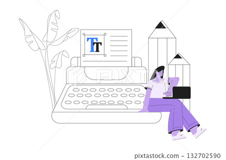 Woman Work with Text Editing and Writing Article on Typewriter Vector Illustration 132702590