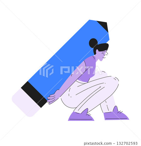 Woman Work with Text Editing and Writing Article with Huge Pencil Vector Illustration 132702593