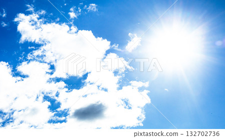 A simple landscape of blue sky, clouds and sun A simple landscape of blue sky, clouds and sun 132702736