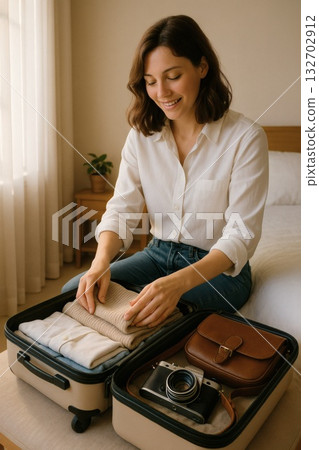 Woman preparing for a trip, natural morning scene packing clothes and camera into suitcase 132702912