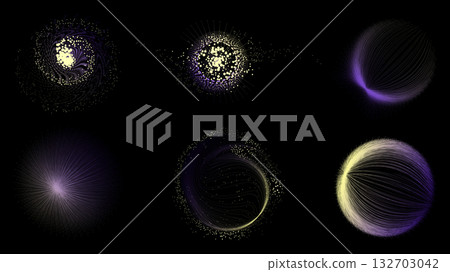 Golden violet data swirl sphere with particle trajectories on dark background 132703042