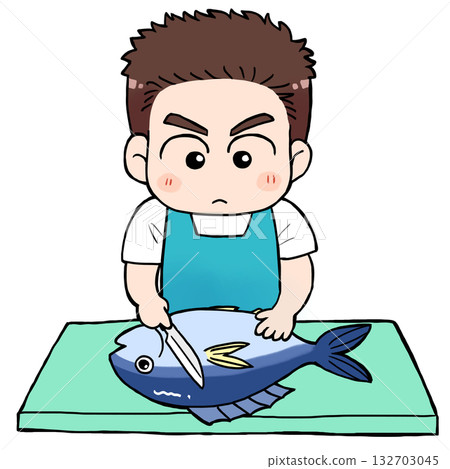 一個男人正在切魚 132703045