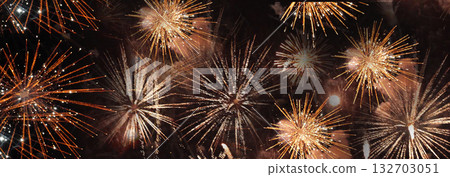 Banner Golden Firework celebrate anniversary independence day night time celebrate national holiday. Countdown 2024 party time event. Happy new year 2025 4th of july holiday festival with copy space 132703051
