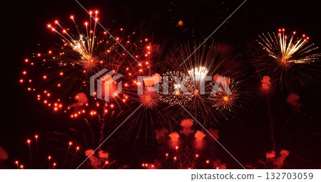 Red Firework celebrate anniversary happy new year 2024, 4th of july holiday festival. red firework in night time celebrate national holiday. Countdown to new year 2025 festival party time event Red Firework celebrate anniversary happy new year 2024, 4th of july holiday festival. red firework in night time celebrate national holiday. Countdown to new year 2025 festival party time event 132703059