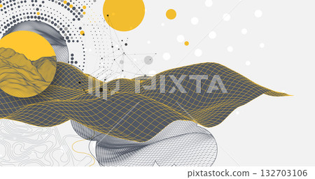 Abstract wireframe background. Modern science or technology art elements. Surface illustration inside circles Abstract wireframe background. Modern science or technology art elements. Surface illustration inside circles 132703106
